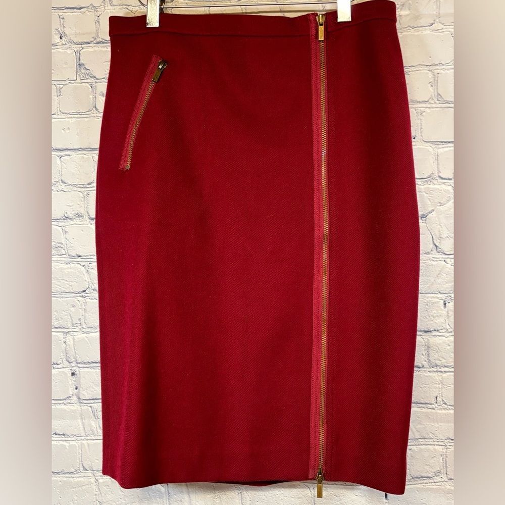 J Crew Red Garnet Wool Retro Preppy Asymmetrical Zip Classic Pencil Skirt 8